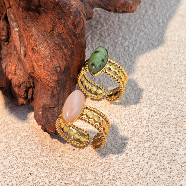 Vintage horse eye shape natural stone statement stainless steel rings