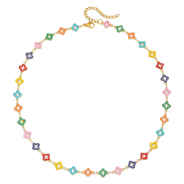 Summer rainbow color enamel hollow clover stainless steel necklace bracelet suit
