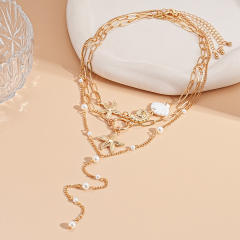 3-Piece Holiday Style Imitation Pearl Starfish Shell Conch Pendant Necklace