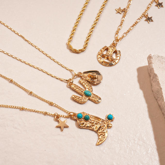 Four-Piece Set of Cowboy Hat  Cactus Shoes Star Pendants necklace set