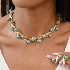 Diamond-Encrusted Turquoise Geometric Round Choker Necklace earrings suit