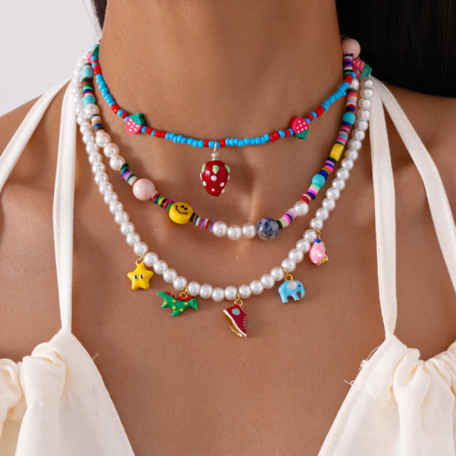 Sweet Imitation Pearl Strawberry Smiley Face Beaded Necklace