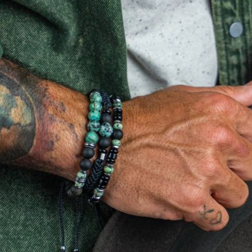 New Holiday Style Stacked Bracelet Vintage Men's Beaded African Pine Black Onyx Woven Stretch Bracelet