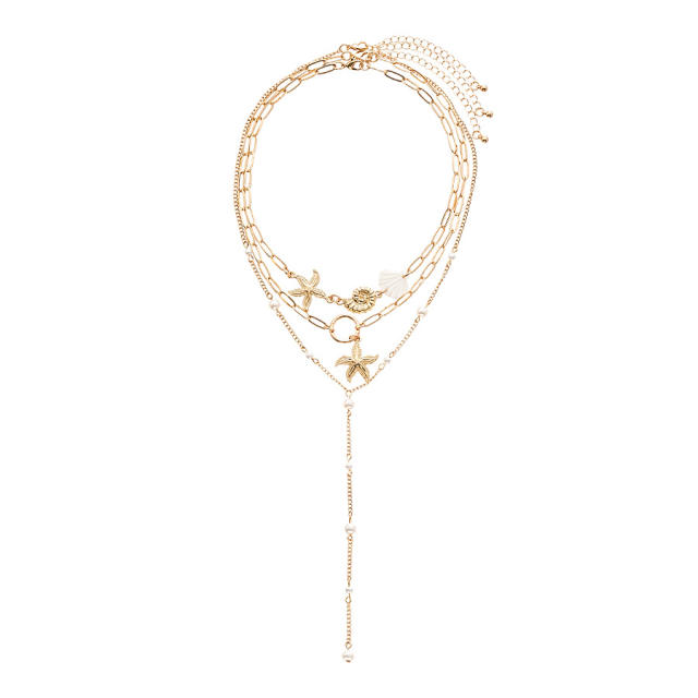 3-Piece Holiday Style Imitation Pearl Starfish Shell Conch Pendant Necklace