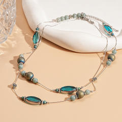 Retro Stone Glass Oval Geometric Round Beaded Necklace