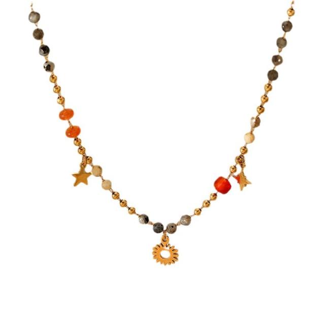 Multi-layer Color Natural Stone Star Sun Pendant Necklace stainless steel necklace