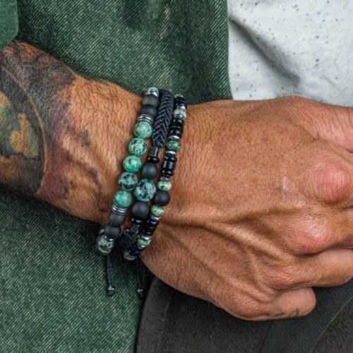 New Holiday Style Stacked Bracelet Vintage Men's Beaded African Pine Black Onyx Woven Stretch Bracelet