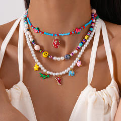 Sweet Imitation Pearl Strawberry Smiley Face Beaded Necklace