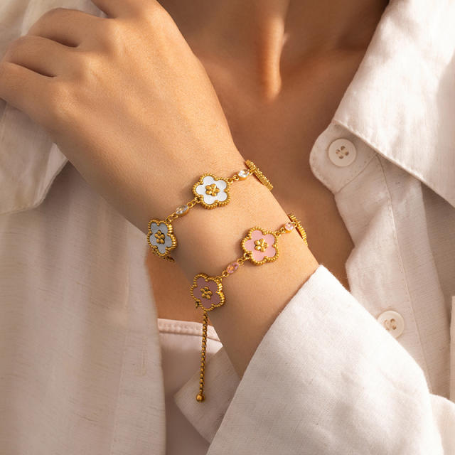 18K color enamel five petal flower stainless steel bracelet