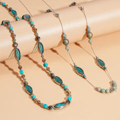 Retro Stone Glass Oval Geometric Round Beaded Necklace