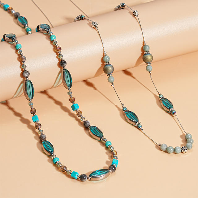 Retro Stone Glass Oval Geometric Round Beaded Necklace