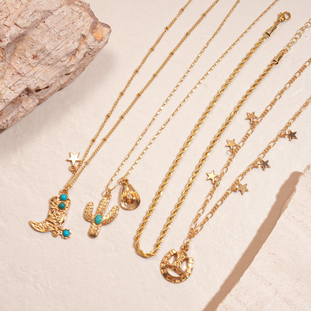 Four-Piece Set of Cowboy Hat  Cactus Shoes Star Pendants necklace set