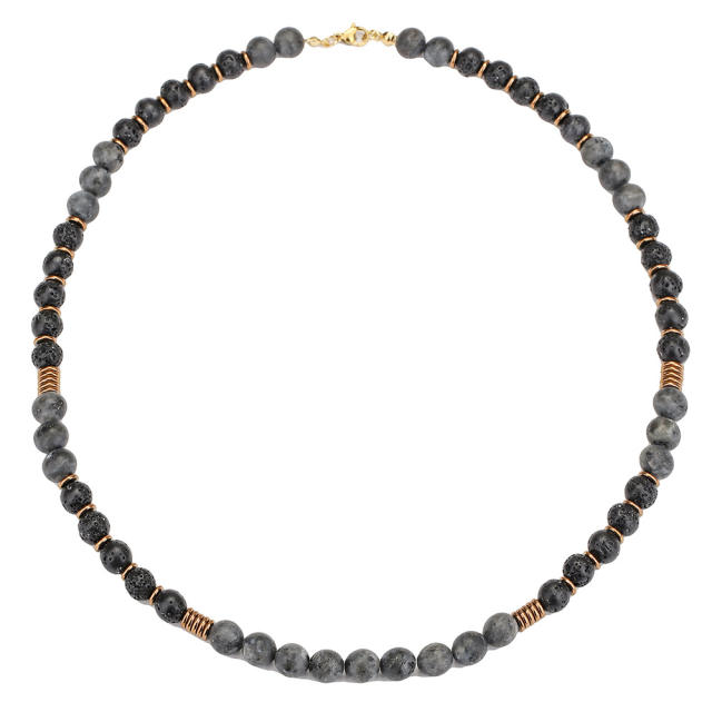 Exaggerated Flash Stone Volcano Stone Beaded Necklace Hip-hop Black Gallstone Long Necklace for men