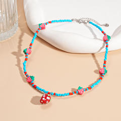 Sweet Imitation Pearl Strawberry Smiley Face Beaded Necklace