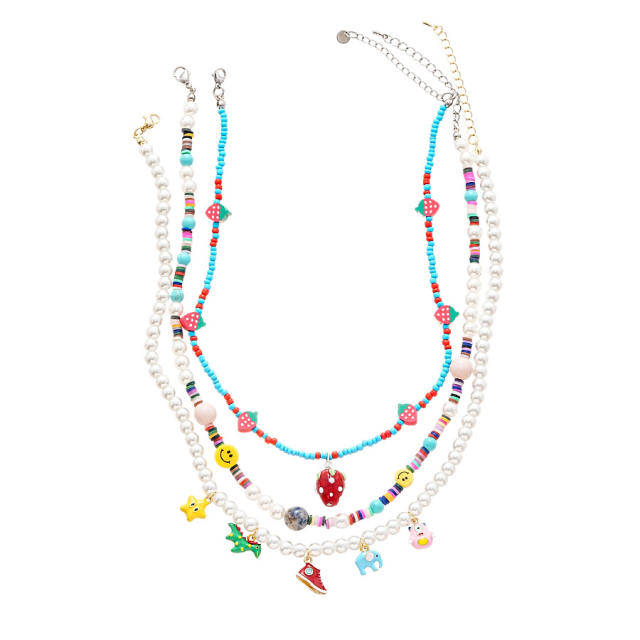 Sweet Imitation Pearl Strawberry Smiley Face Beaded Necklace