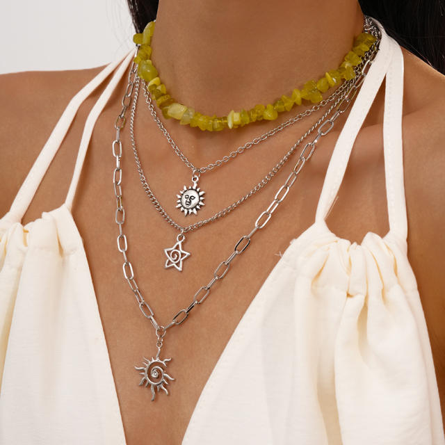 Four-Piece Set of Metal Portrait Sun Star Chain Necklace