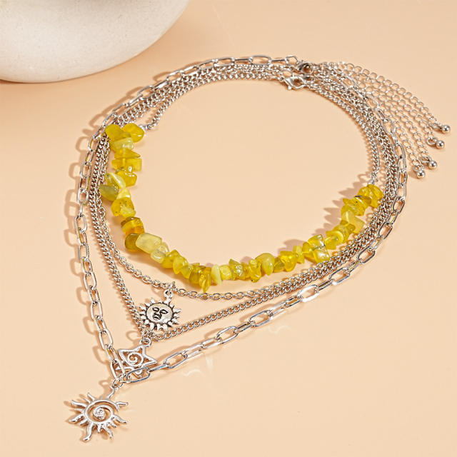 Four-Piece Set of Metal Portrait Sun Star Chain Necklace