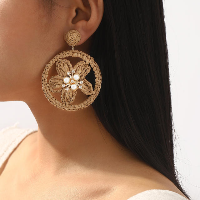Summer holiday hollow out flower straw earrings