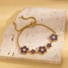 18K color enamel five petal flower stainless steel bracelet