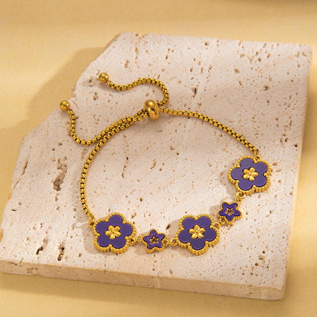 18K color enamel five petal flower stainless steel bracelet