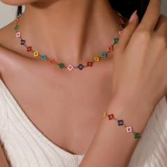Summer rainbow color enamel hollow clover stainless steel necklace bracelet suit