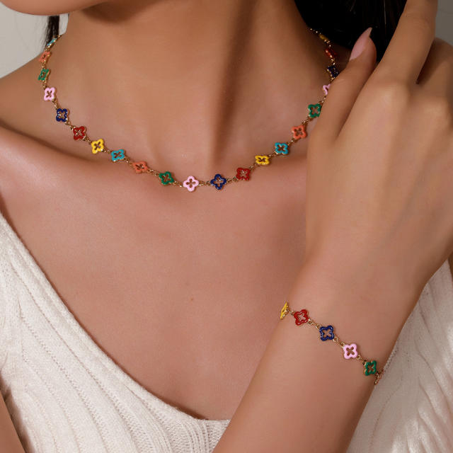 Summer rainbow color enamel hollow clover stainless steel necklace bracelet suit