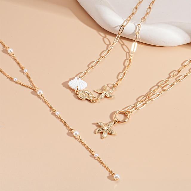 3-Piece Holiday Style Imitation Pearl Starfish Shell Conch Pendant Necklace