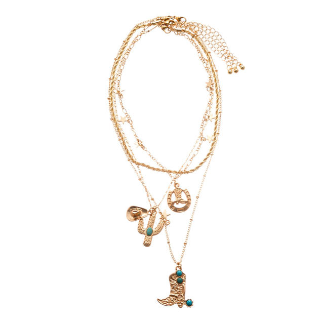 Four-Piece Set of Cowboy Hat  Cactus Shoes Star Pendants necklace set