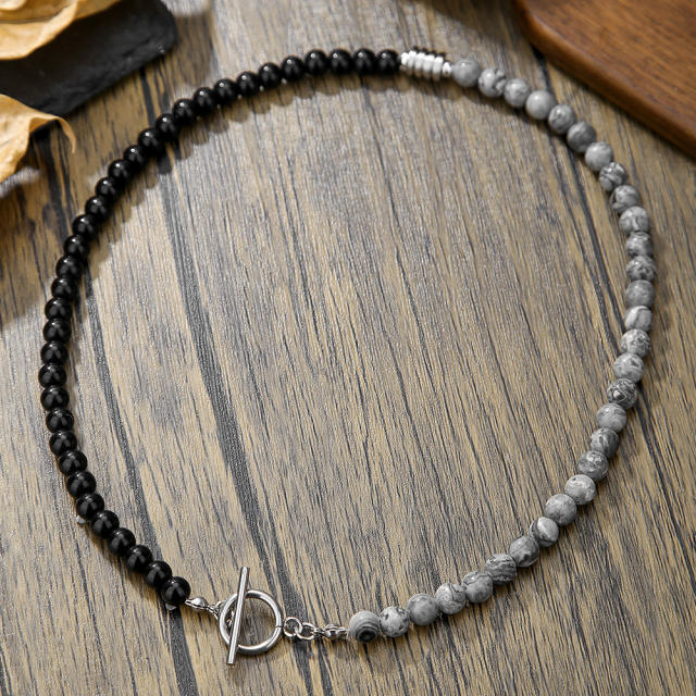 Exaggerated Flash Stone Volcano Stone Beaded Necklace Hip-hop Black Gallstone Long Necklace for men