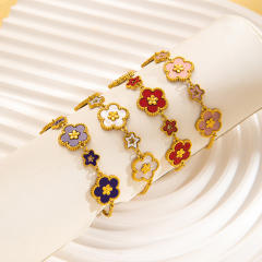 18K color enamel five petal flower stainless steel bracelet