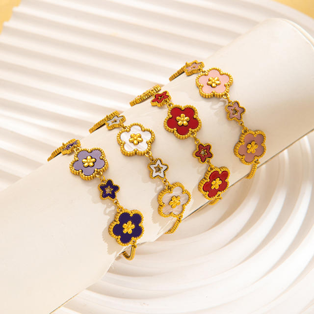 18K color enamel five petal flower stainless steel bracelet