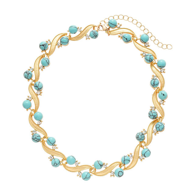 Diamond-Encrusted Turquoise Geometric Round Choker Necklace earrings suit