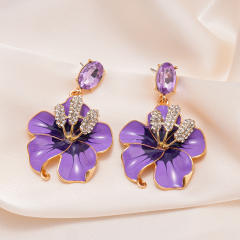 Retro Oil-Dropped Diamond Flower Petal Steel Needle Earrings