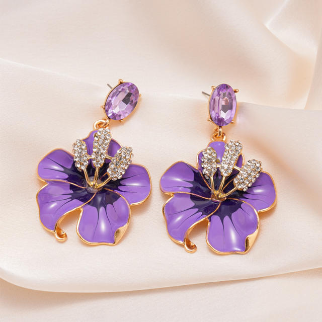 Retro Oil-Dropped Diamond Flower Petal Steel Needle Earrings