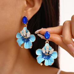 Retro Oil-Dropped Diamond Flower Petal Steel Needle Earrings