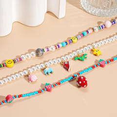 Sweet Imitation Pearl Strawberry Smiley Face Beaded Necklace