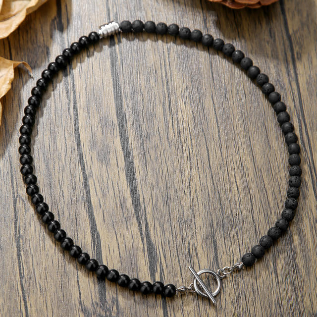 Exaggerated Flash Stone Volcano Stone Beaded Necklace Hip-hop Black Gallstone Long Necklace for men