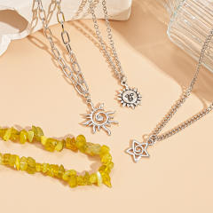 Four-Piece Set of Metal Portrait Sun Star Chain Necklace