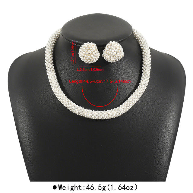 Elegant french trend pearl bead pave setting choker necklace earrings suit
