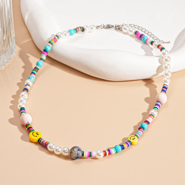 Sweet Imitation Pearl Strawberry Smiley Face Beaded Necklace
