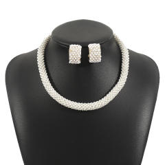 Elegant french trend pearl bead pave setting choker necklace earrings suit
