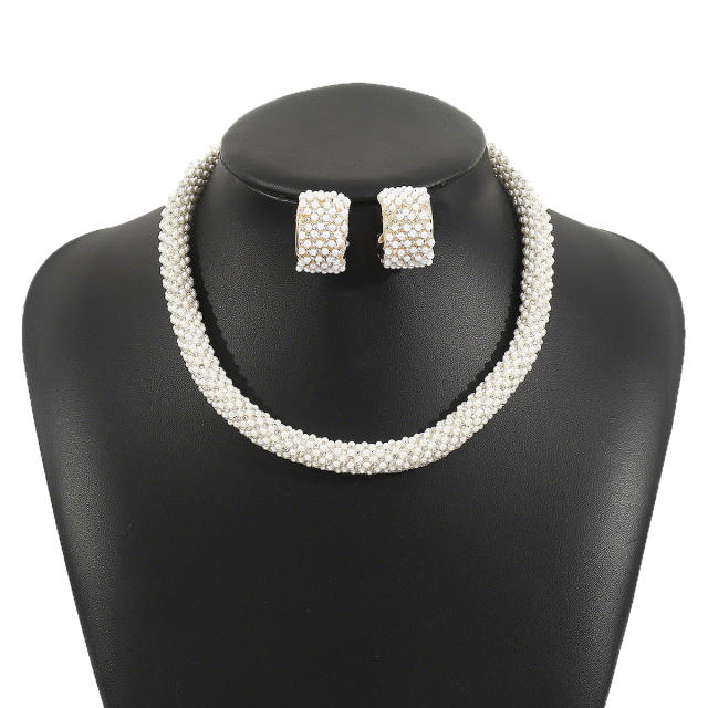 Elegant french trend pearl bead pave setting choker necklace earrings suit