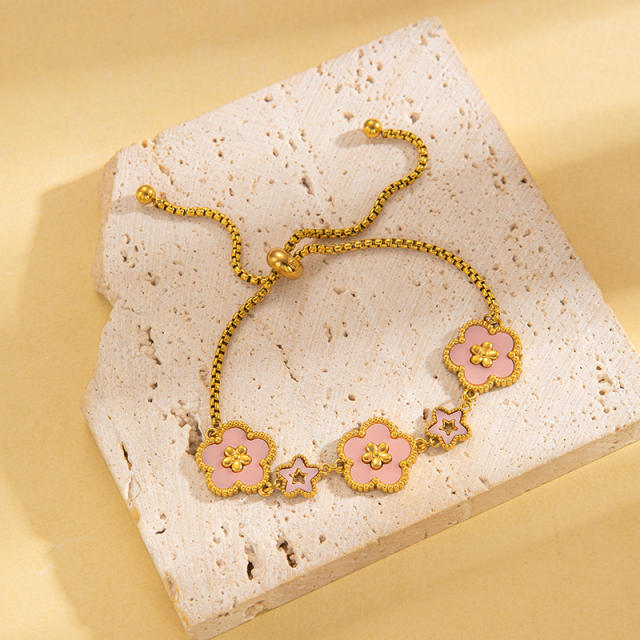 18K color enamel five petal flower stainless steel bracelet