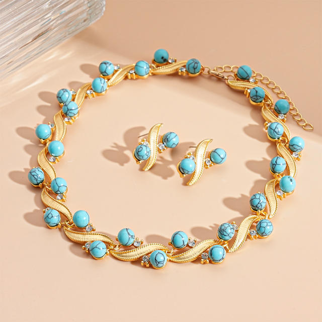 Diamond-Encrusted Turquoise Geometric Round Choker Necklace earrings suit