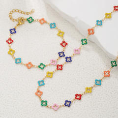 Summer rainbow color enamel hollow clover stainless steel necklace bracelet suit