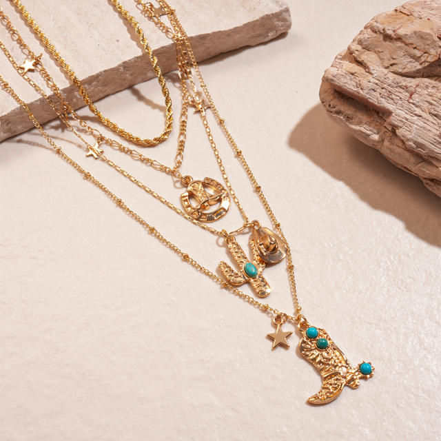 Four-Piece Set of Cowboy Hat  Cactus Shoes Star Pendants necklace set
