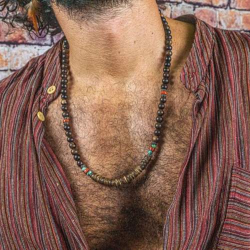 Men's Retro Stitching Hip-hop Beaded Necklace Personalized Hip-hop Wood Beads Turquoise Necklace