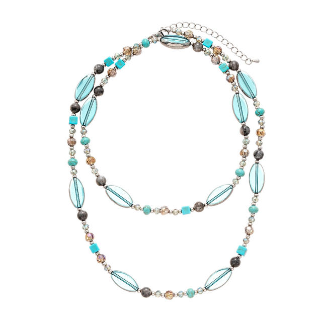 Retro Stone Glass Oval Geometric Round Beaded Necklace