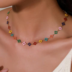 Summer rainbow color enamel hollow clover stainless steel necklace bracelet suit