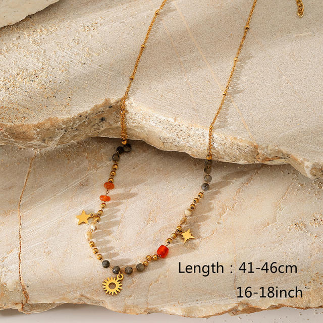 Multi-layer Color Natural Stone Star Sun Pendant Necklace stainless steel necklace